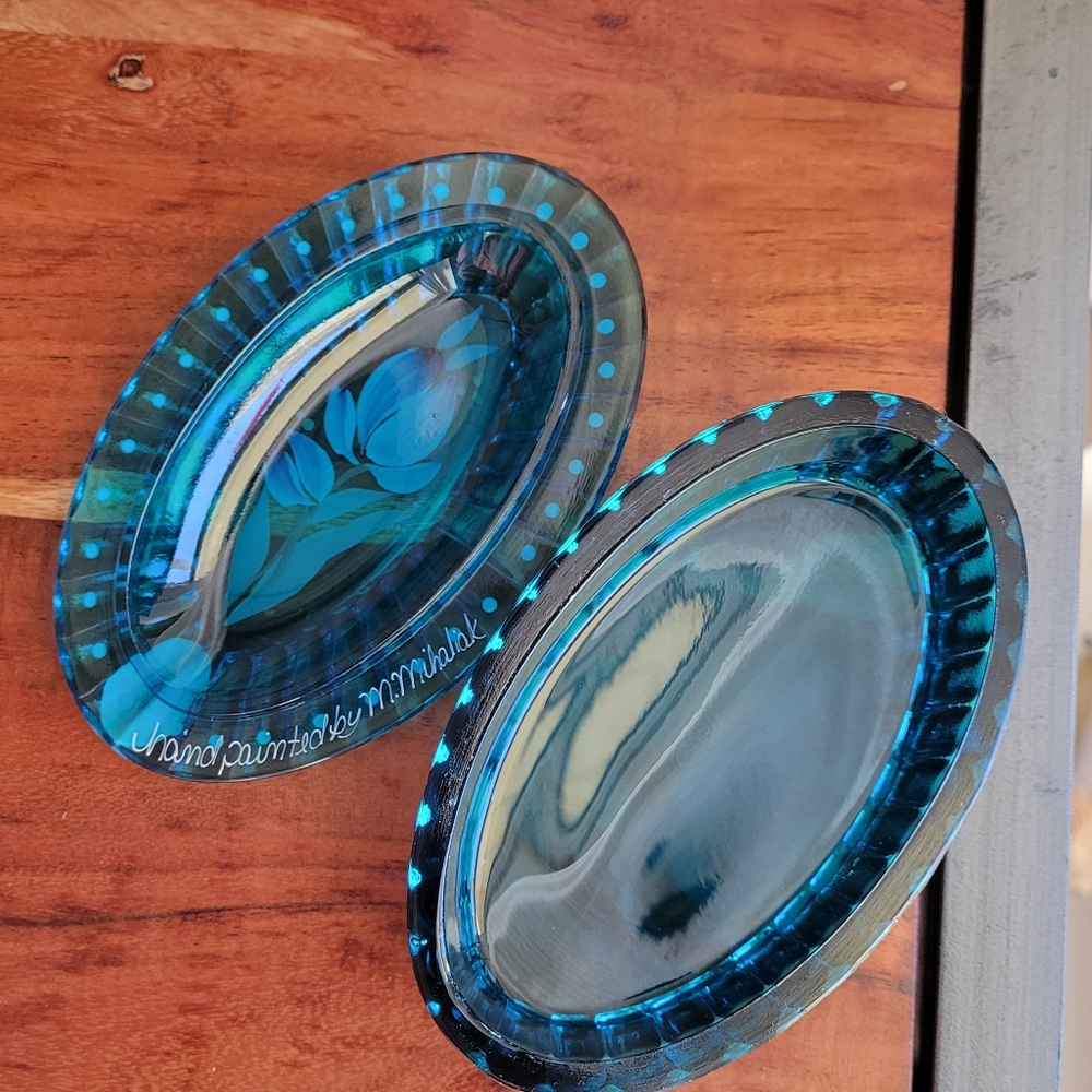 Vintage Fenton Art Glass USA Oval Turquoise Blue Color Hand Painted Floral RARE - Picture 7 of 13